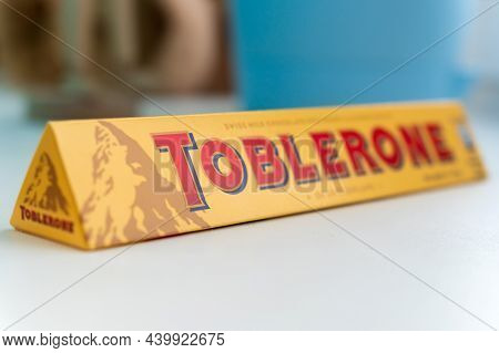 Tyumen, Russia-november 13, 2021: Toblerone Logo Close Up. Swiss Milk Chocolate On A White Backgroun