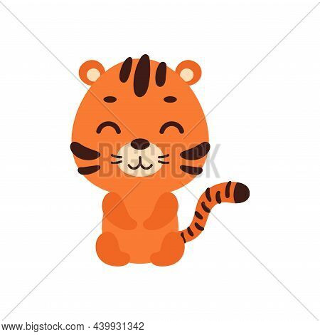Cute Little Sitting Tiger On White Background. Cartoon Animal Character For Kids Cards, Baby Shower,