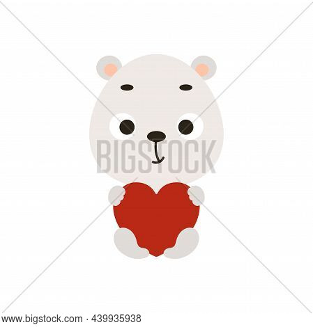 Cute Little Sitting Polar Bear Keep Hart On White Background. Cartoon Animal Character For Kids Card