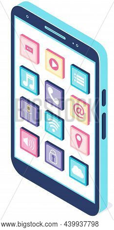 Smartphone And Standard Mobile Applications On Screen. Programming, Software Development, Apps For E