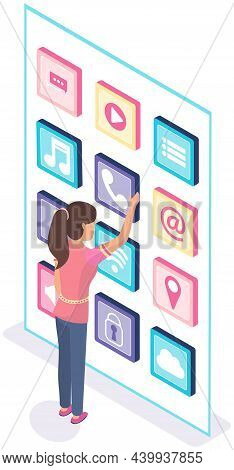 Development Of Applications, Mobile Program Concept. Woman Works With Software Development, Apps For