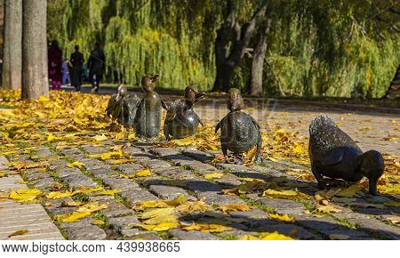 Moscow, Russia- October 09, 2021:  Monument To The Road Ducklings In The Park Novodevichy Ponds In A