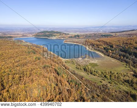 Aerial Autumn View Of Izvor Reservoir At Konyavska Mountain, Pernik Region, Bulgaria