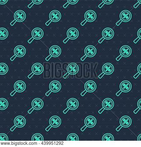 Green Line Magnifying Glass With Percent Discount Icon Isolated Seamless Pattern On Blue Background.