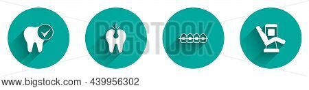 Set Tooth, Broken Tooth, Teeth With Braces And Medical Dental Chair Icon With Long Shadow. Vector