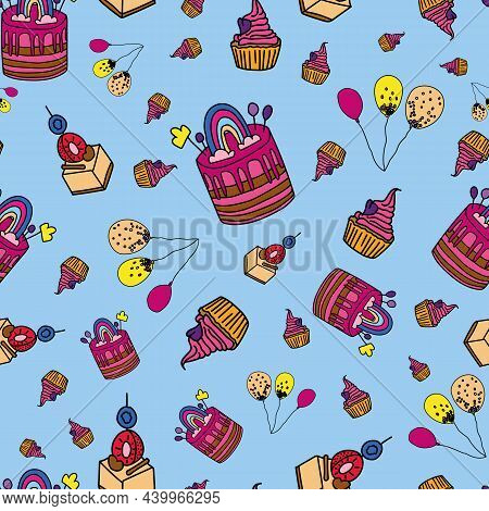 Vector Blue Party With Cakes And Balloons Seamless Background Pattern