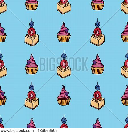 Vector Blue Party With Cakes Seamless Background Pattern