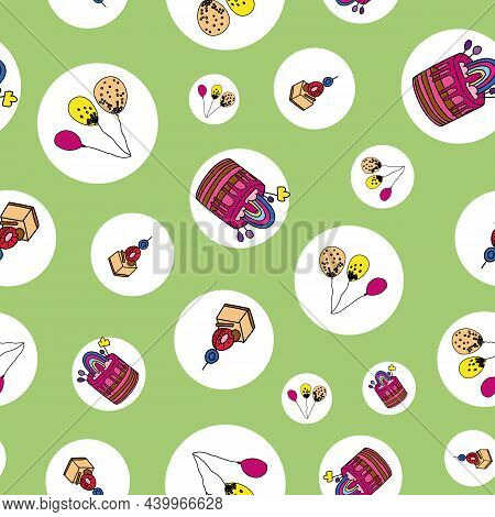 Vector Green Party With Cakes And Balloons Seamless Background Pattern