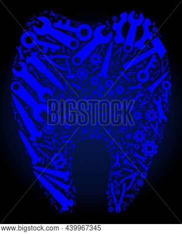 Repair Workshop Tooth Mosaic Of Tools On A Dark Blue Gradient Background. Vector Tooth Is Made Of Bl