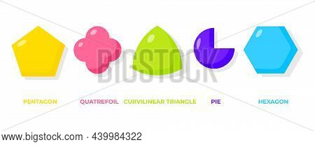 Colored Flat Cartoon Geometric Forms Icon Set. Basic Math Shapes With Names Pentagon, Quatrefoil, Pi