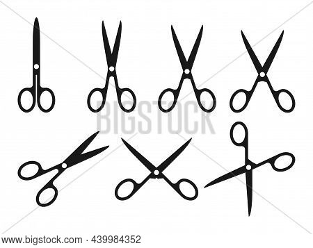 Scissor Black Silhouette Icon Set. Needlework Shear Or School And Office. Different Open Scissors Or