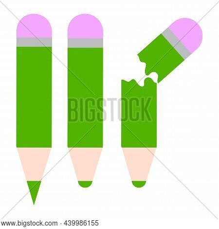 Green Pencil Icon Set. Whole And Broken. Hand Art Design. School Supplies. Flat Sign. Vector Illustr