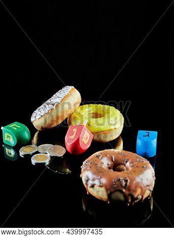 Happy Hanukkah And Hanukkah Sameach - Traditional Jewish Donuts, Spinning Tops And Hanukkah Money On