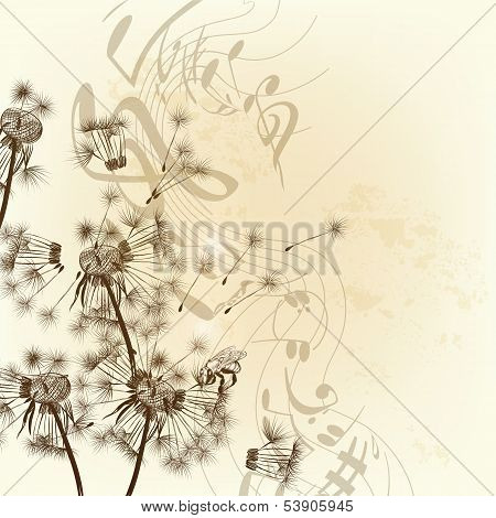 Vector Floral Background With Dandelions And Notes