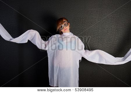Young Insane Woman With Straitjacket With Pilot Glasses
