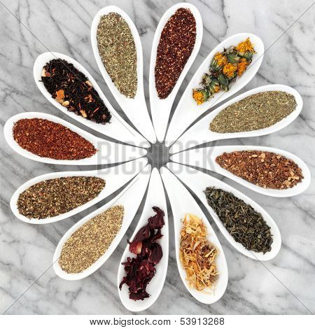 Herbal tea selection in white porcelain dishes over marble background.