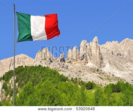 Dolomite peaks, Rosengarten with Italy flag,Val di Fassa, Italy Alps 