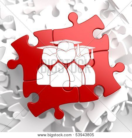 Group of Graduates Icon on Red Puzzle.