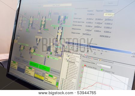MOSCOW - MAR 12: The scheme of the process of food production on the monitor screen at the 12th International Exhibition Dairy and Meat Industry on March 12, 2013 in Moscow, Russia.