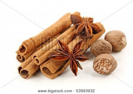 Cinnamon,anise and nutmeg isolated on white background