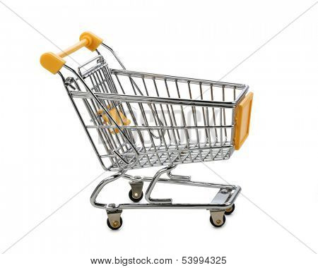 Yellow shopping cart isolated on white, clipping path