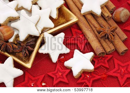 Christmas cakes on red tablecloth