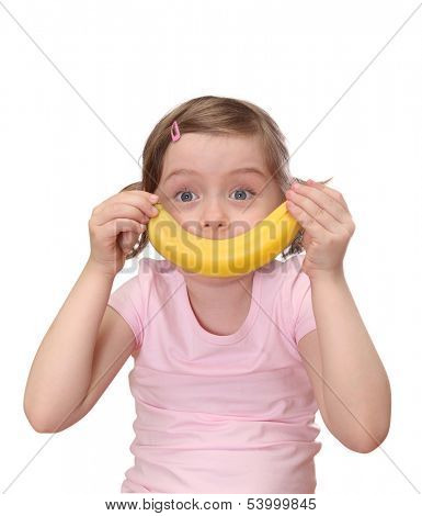  Little girl with banana isolated on white background