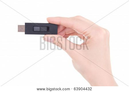 Flash Drive In Woman Hand Isolated On White