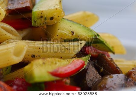 Pasta with shrimps, herbs and mashrooms isolated on white background in studio