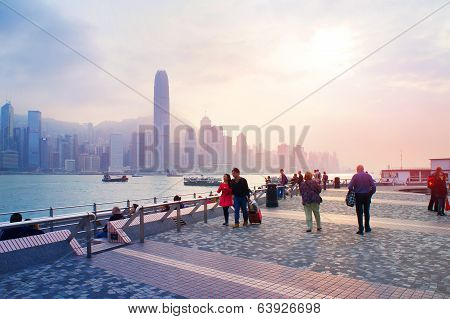 Harbour Victoria embankment at sundown in the Hong Kong