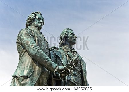 Monument of the famous german writers Goethe and Schiller in Weimar, Germany