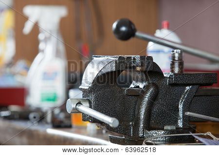 Closeup Of Bench Vice At Workroom