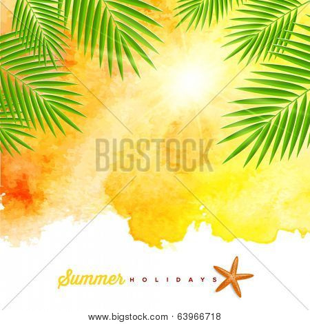 Tropical summer watercolor background with palm trees branches - vector illustration