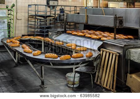 Breads On Production Line At Bakery