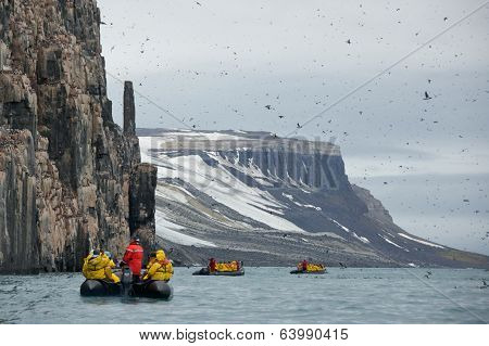 Svalbard, Norway - July 2013: Sightseeing in Alkefjellet, Svalbard