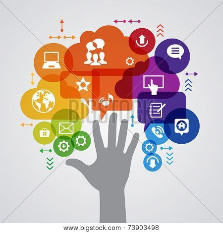 Vector background. Social media concept. Ã?Ã??ommunication in the global computer networks. Set of flat design concept icons for web and mobile services. Human hand, and symbols in the form of a tree. 