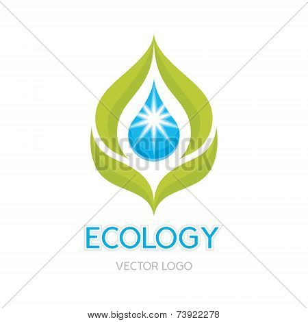 Ecology Concept Illustration - Abstract Vector Logo Sign Template. Leaves and drop illustration.