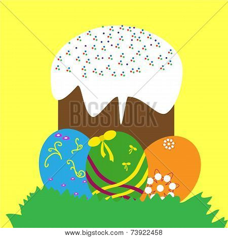 Colorful easter eggs and cake