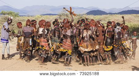 Group Of Hamar Women Dance During Bull Jumping Ceremony.