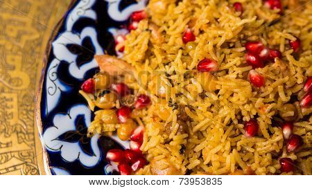 Oriental shah pilaf, pilaw, plov, rice with meat