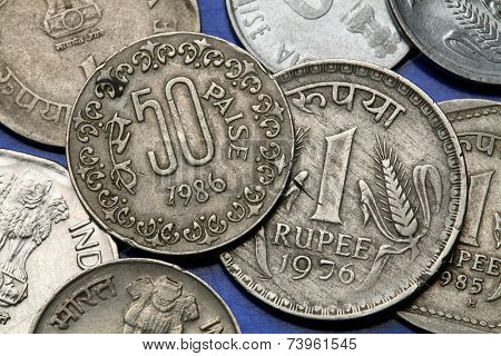 Coins of India. Indian one rupee and fifty paise coins.