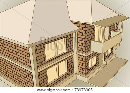 View Of The Two-storey House In Perspective 3D