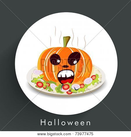 Sticker, tag or label for Halloween party celebration with pumpkin and salad plate on dark grey background.