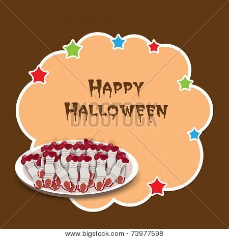 Sticker, tag or label for Halloween party celebration with witch fingers breads plate on brown background.