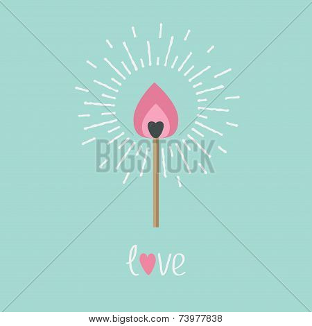 Burning Love Match With Orange Fire Light Shining Sunlight Effect. Love Card Flat Design Style.