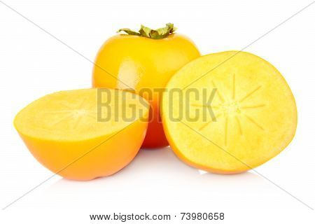 Close-up Shot Many Kakis Sliced Isolated White