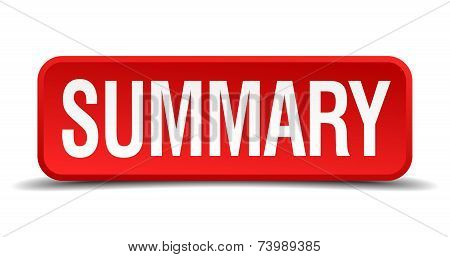 Summary Red 3D Square Button Isolated On White