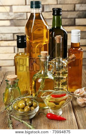 Different sorts of cooking oil, close-up