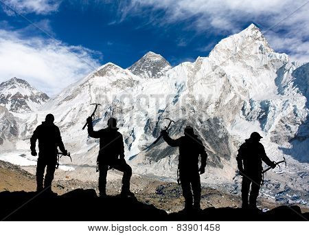 Mount Everest From Kala Patthar And Silhouette Of Men