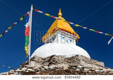 Stupa Near Dingboche Village With Prayer Flags